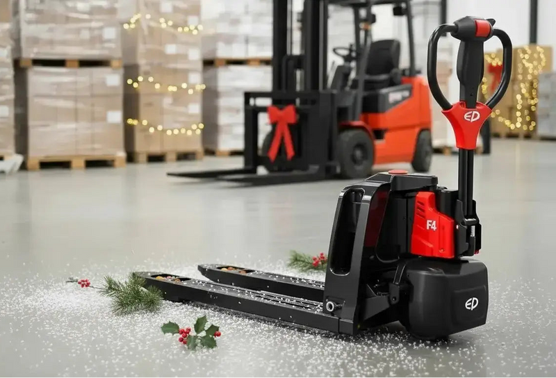 Pallet jack with forklift in a warehouse setting