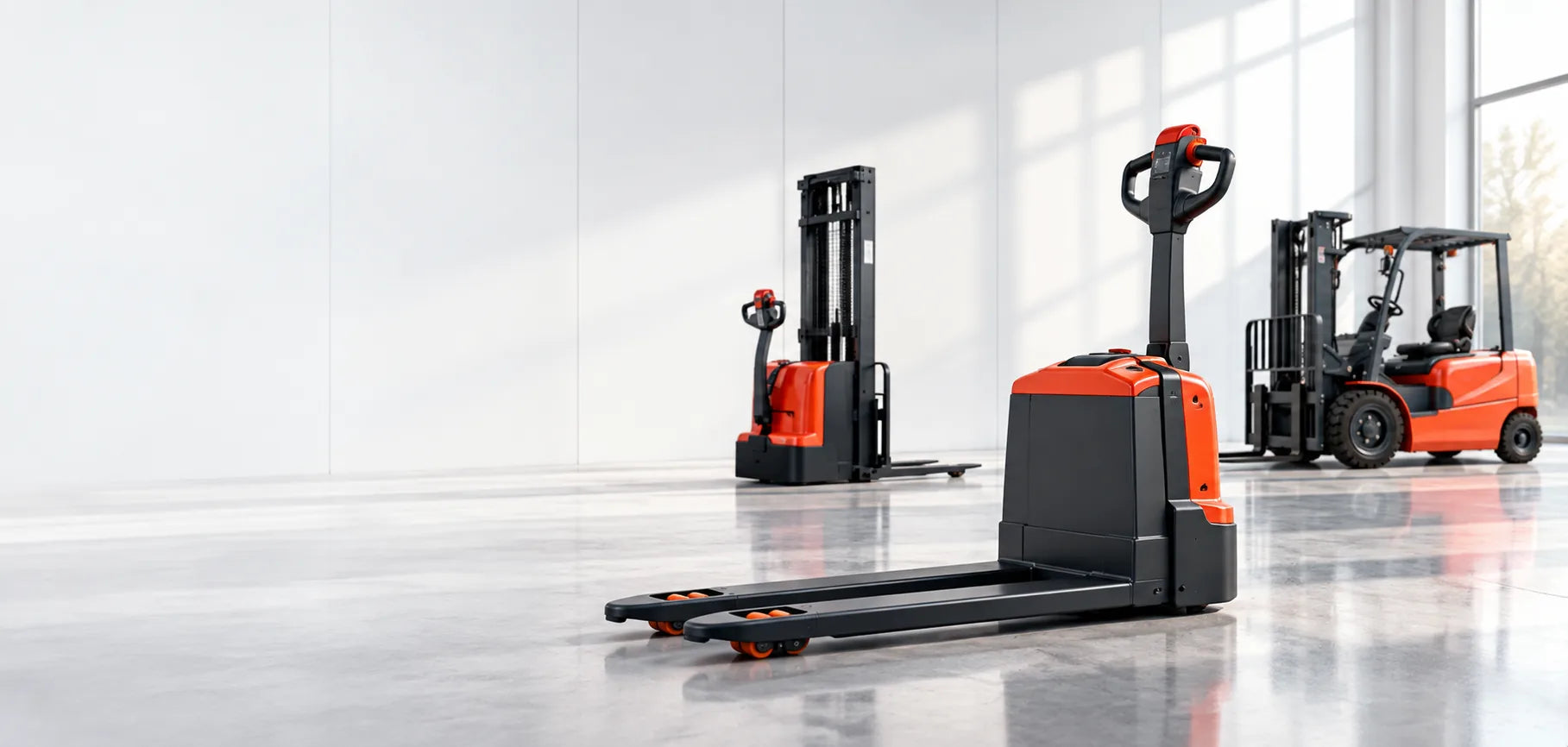 Illustrative warehouse equipment showroom featuring an electric pallet jack, stacker and forklift.